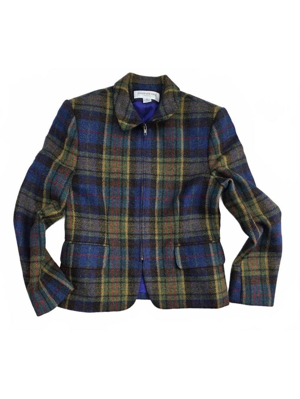 Jones NY Vintage Zippered Plaid Wool Tailored Jacket With Collar. SP Preppy